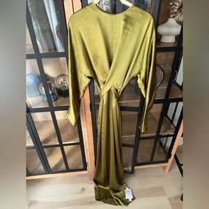 ASOS Design Olive maxi dress gown satin formal long sleeve tie chartreuse waist